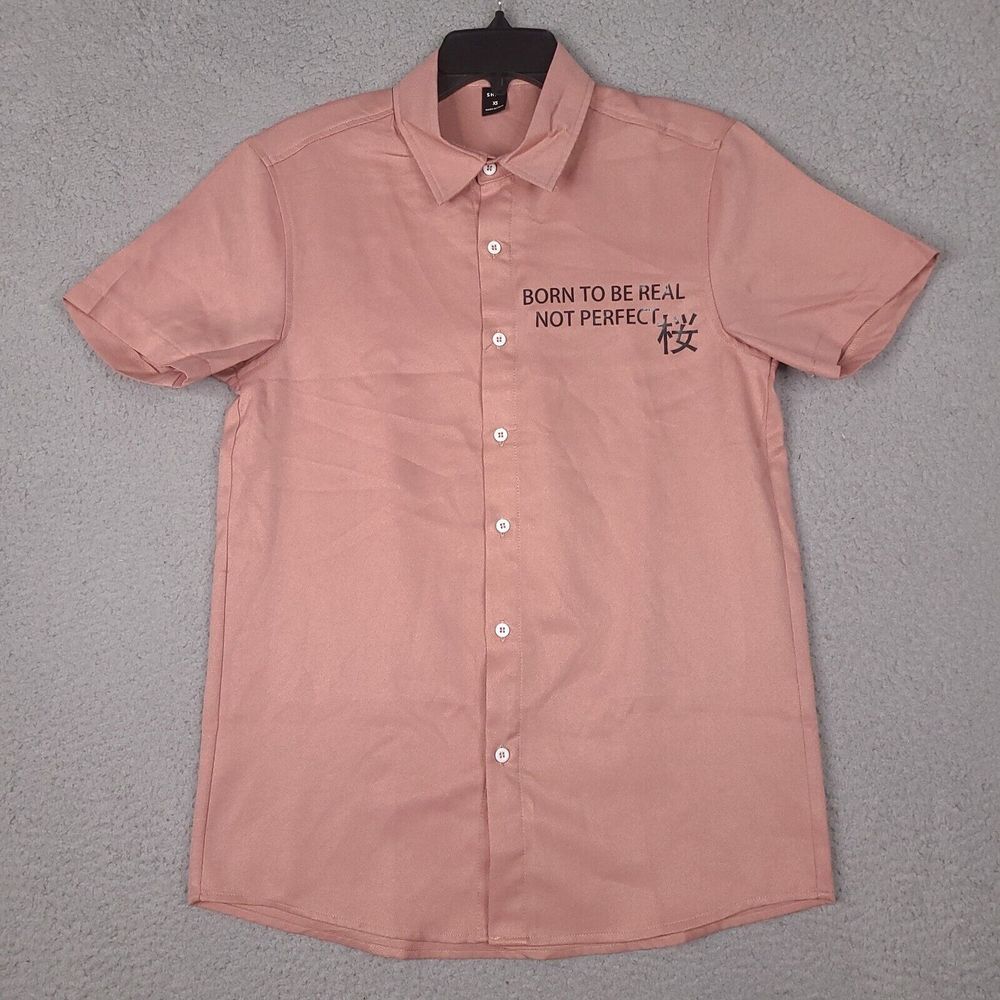 Shein Shirt Mens XS Salmon Pink Button Up Born To Be Real Short Sleeve